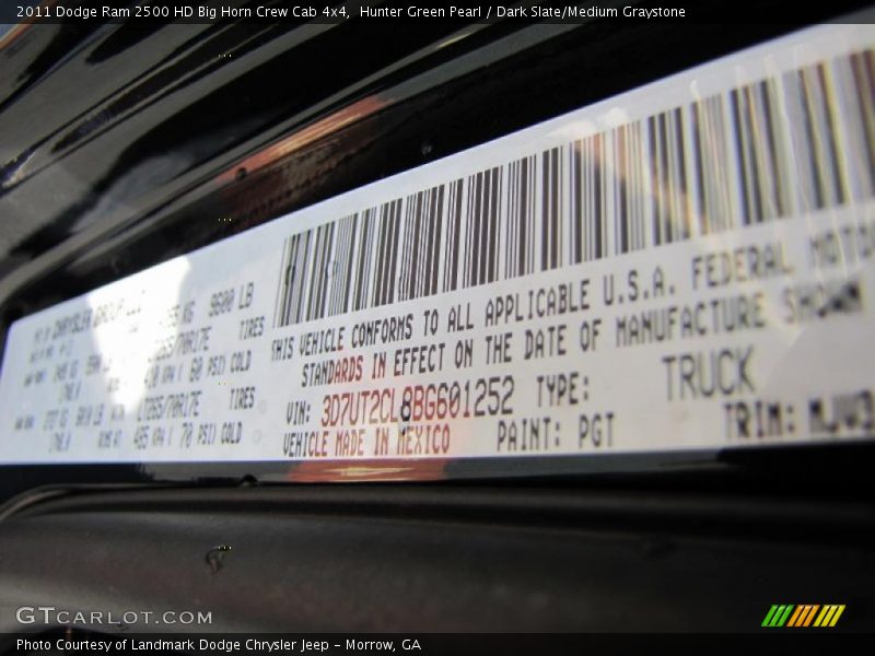 2011 Ram 2500 HD Big Horn Crew Cab 4x4 Hunter Green Pearl Color Code PGT
