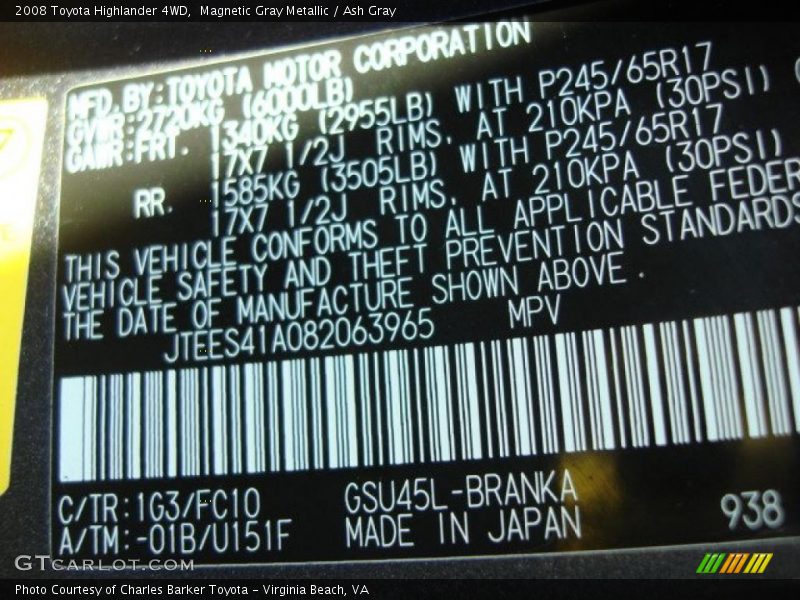Magnetic Gray Metallic / Ash Gray 2008 Toyota Highlander 4WD
