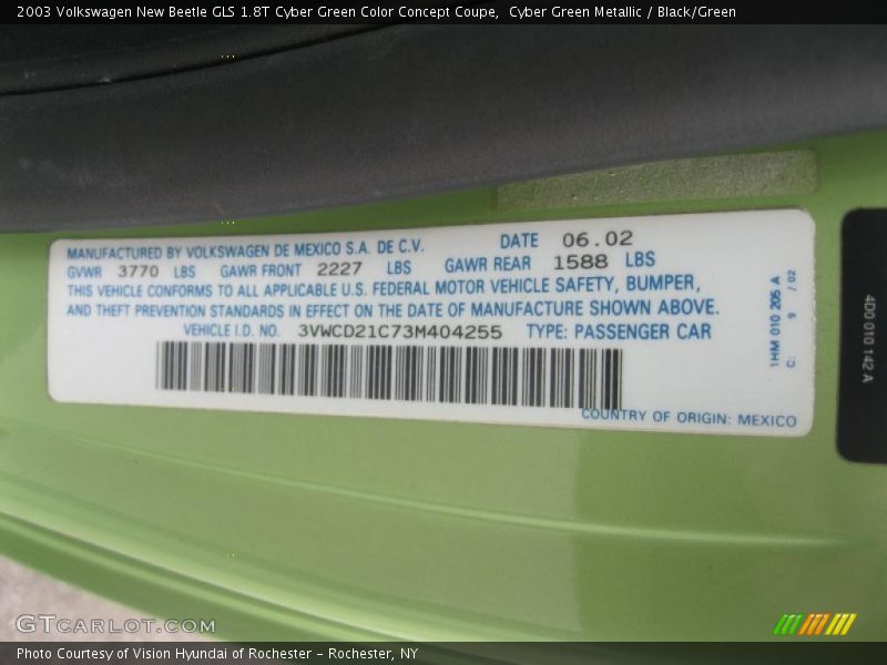Info Tag of 2003 New Beetle GLS 1.8T Cyber Green Color Concept Coupe