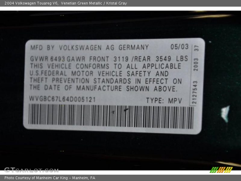 Venetian Green Metallic / Kristal Gray 2004 Volkswagen Touareg V6