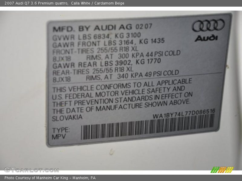 Calla White / Cardamom Beige 2007 Audi Q7 3.6 Premium quattro