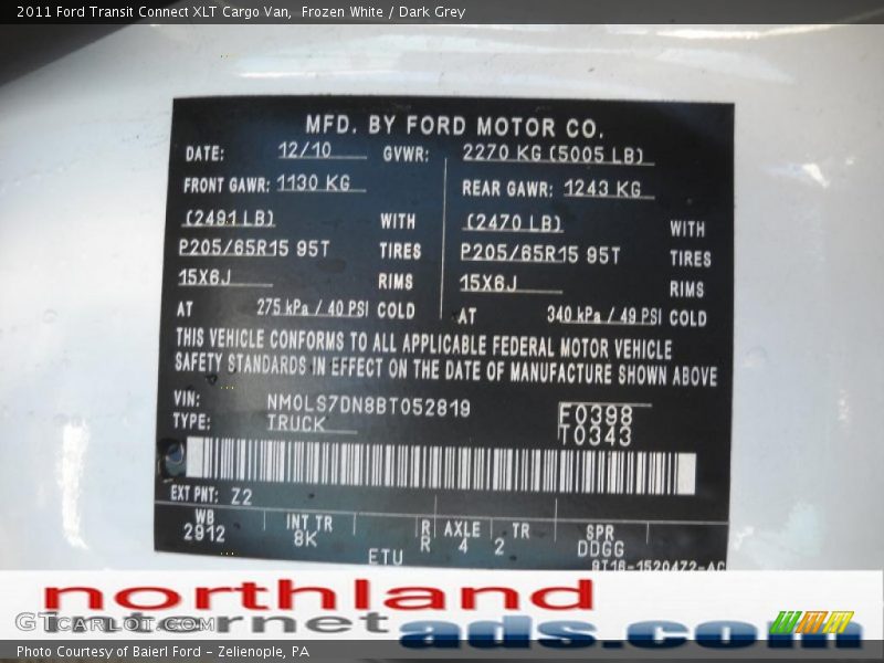 Frozen White / Dark Grey 2011 Ford Transit Connect XLT Cargo Van