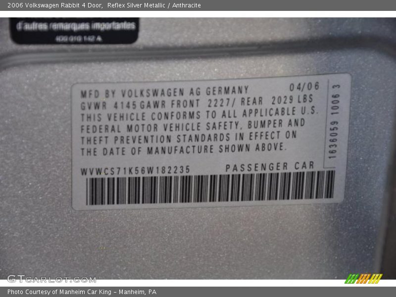 Reflex Silver Metallic / Anthracite 2006 Volkswagen Rabbit 4 Door