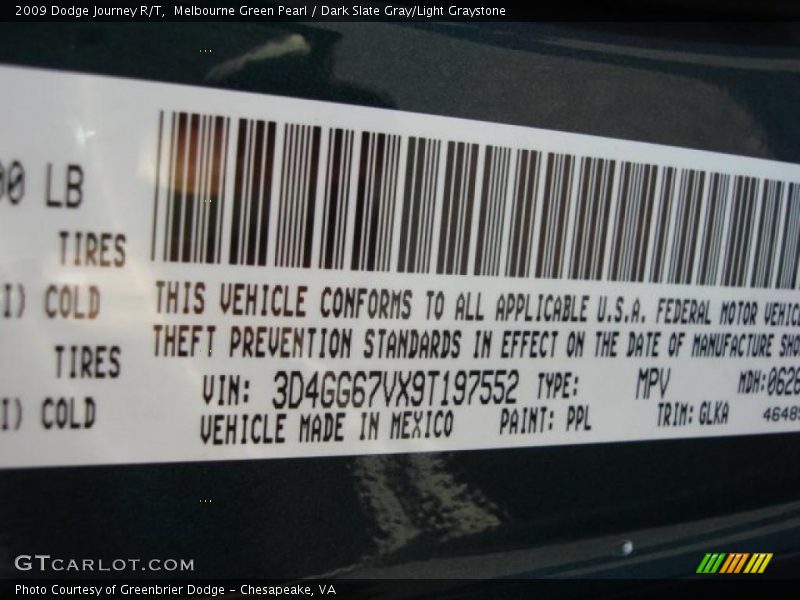 Melbourne Green Pearl / Dark Slate Gray/Light Graystone 2009 Dodge Journey R/T