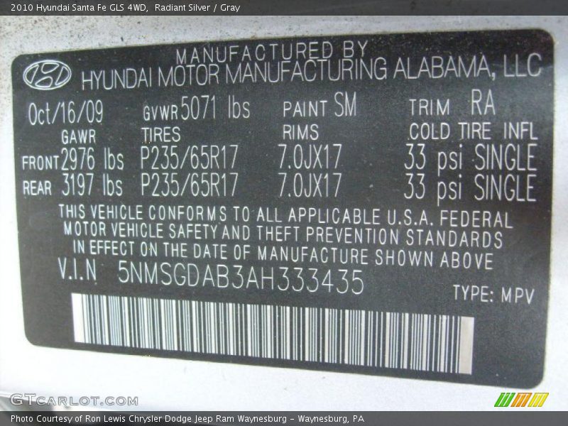 Radiant Silver / Gray 2010 Hyundai Santa Fe GLS 4WD
