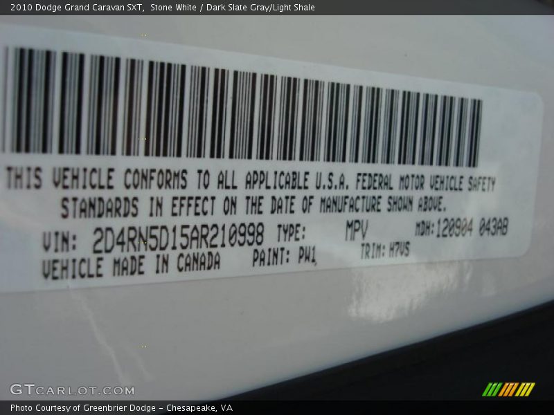 Stone White / Dark Slate Gray/Light Shale 2010 Dodge Grand Caravan SXT