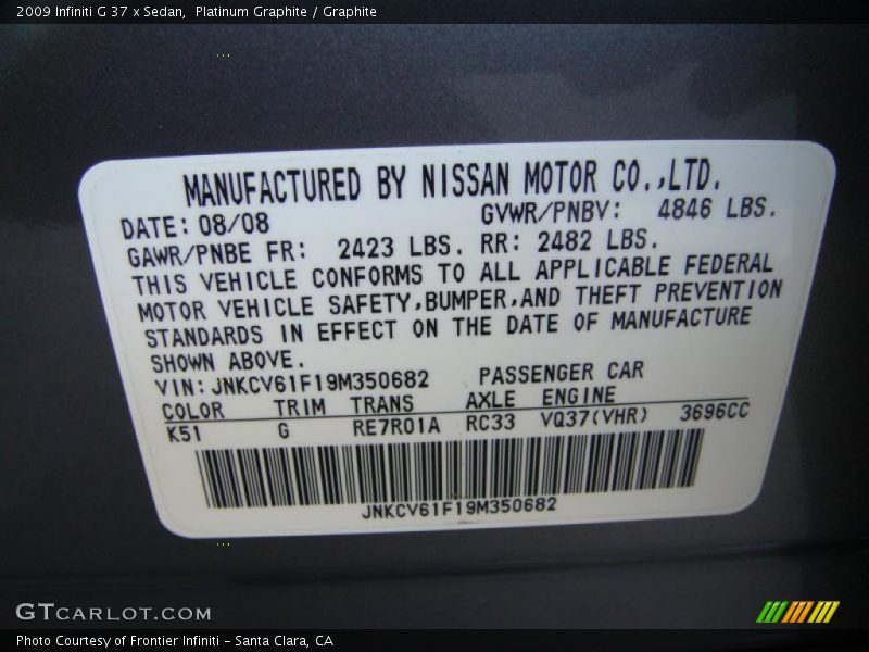 2009 G 37 x Sedan Platinum Graphite Color Code K51