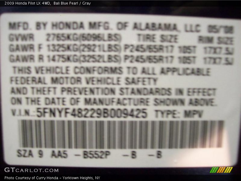 Bali Blue Pearl / Gray 2009 Honda Pilot LX 4WD