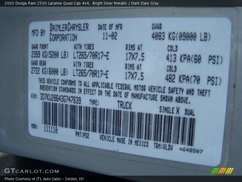 Bright Silver Metallic / Dark Slate Gray 2003 Dodge Ram 2500 Laramie Quad Cab 4x4