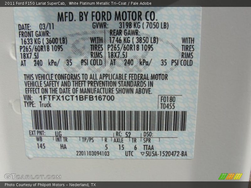 2011 F150 Lariat SuperCab White Platinum Metallic Tri-Coat Color Code UG
