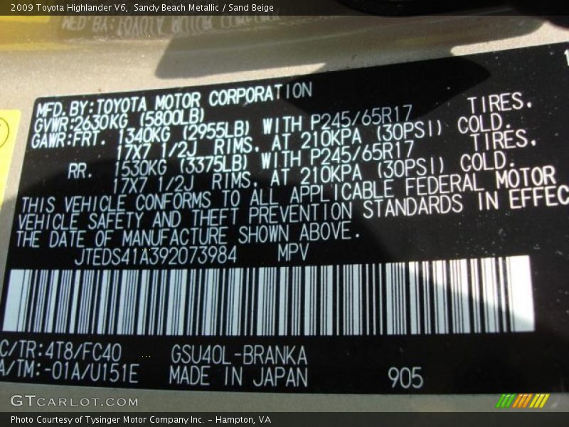 2009 Highlander V6 Sandy Beach Metallic Color Code 4T8