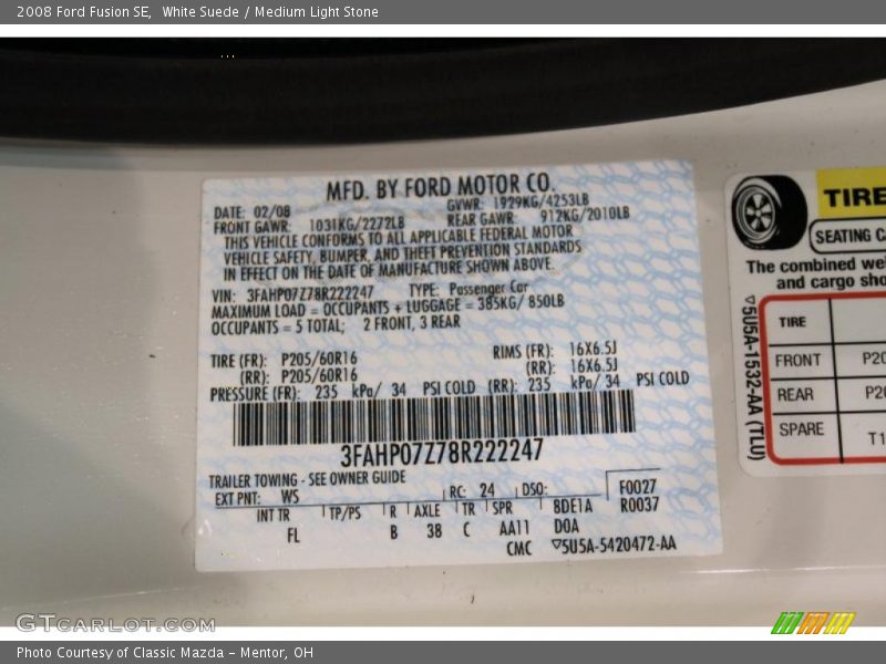 White Suede / Medium Light Stone 2008 Ford Fusion SE