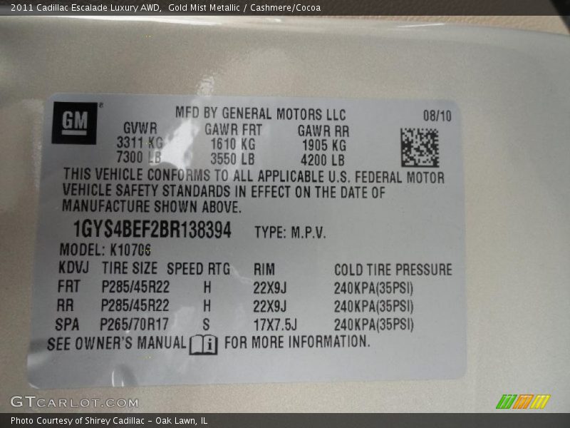 Gold Mist Metallic / Cashmere/Cocoa 2011 Cadillac Escalade Luxury AWD