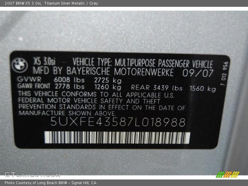Titanium Silver Metallic / Gray 2007 BMW X5 3.0si
