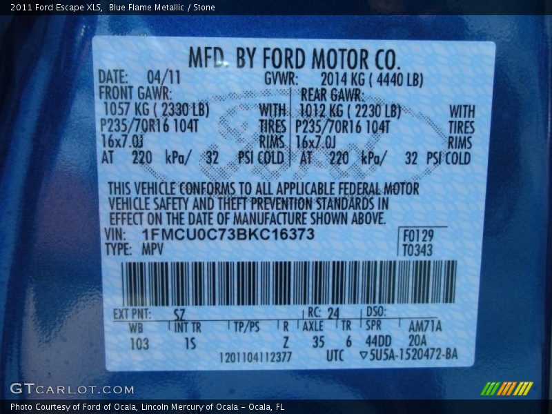 2011 Escape XLS Blue Flame Metallic Color Code SZ