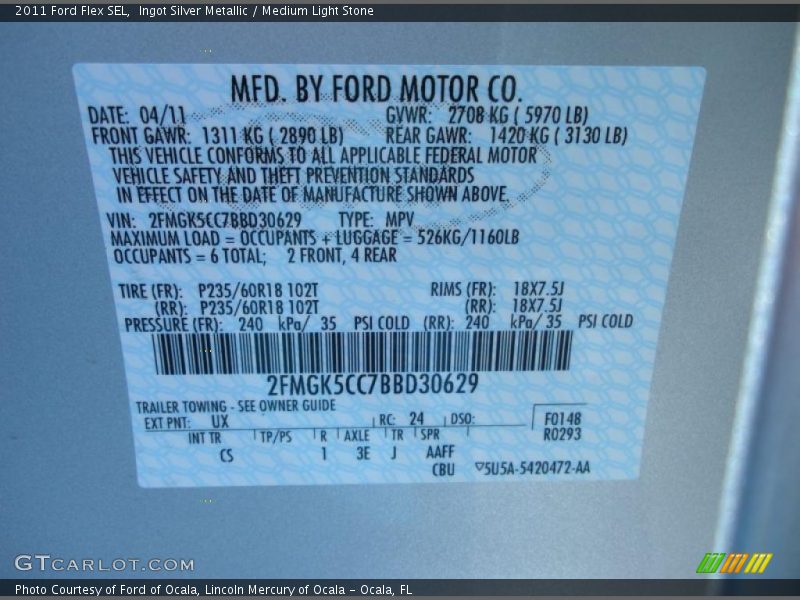 2011 Flex SEL Ingot Silver Metallic Color Code UX