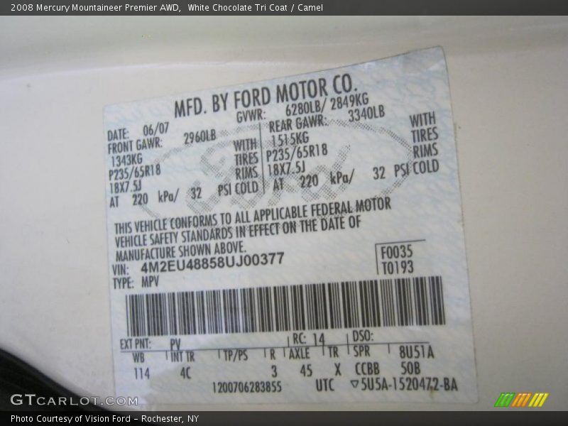 White Chocolate Tri Coat / Camel 2008 Mercury Mountaineer Premier AWD