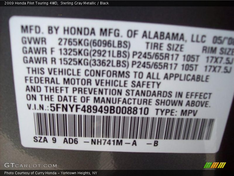 2009 Pilot Touring 4WD Sterling Gray Metallic Color Code NH741M