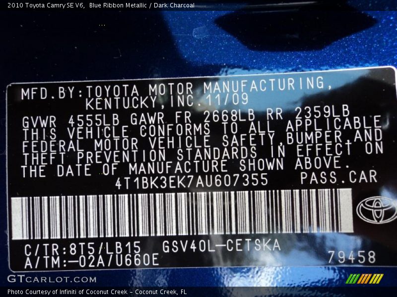 Blue Ribbon Metallic / Dark Charcoal 2010 Toyota Camry SE V6