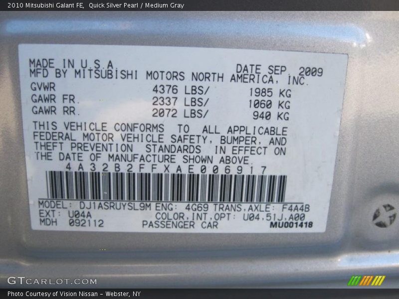 Quick Silver Pearl / Medium Gray 2010 Mitsubishi Galant FE