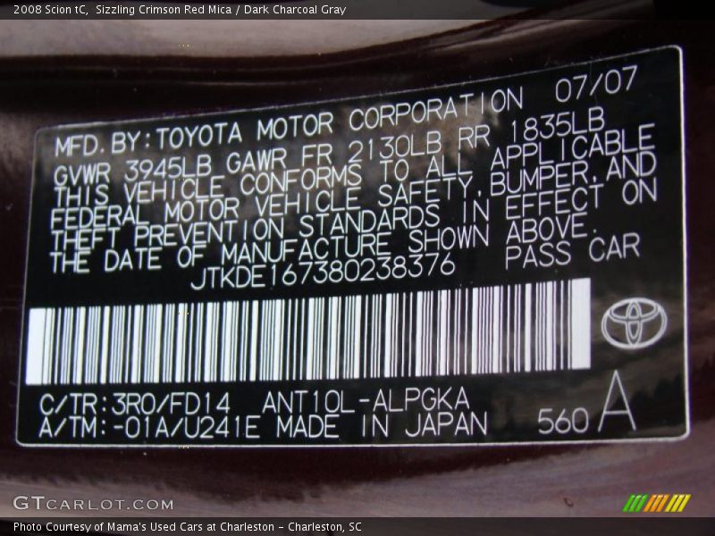2008 tC  Sizzling Crimson Red Mica Color Code 3R0