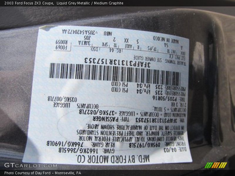 Liquid Grey Metallic / Medium Graphite 2003 Ford Focus ZX3 Coupe