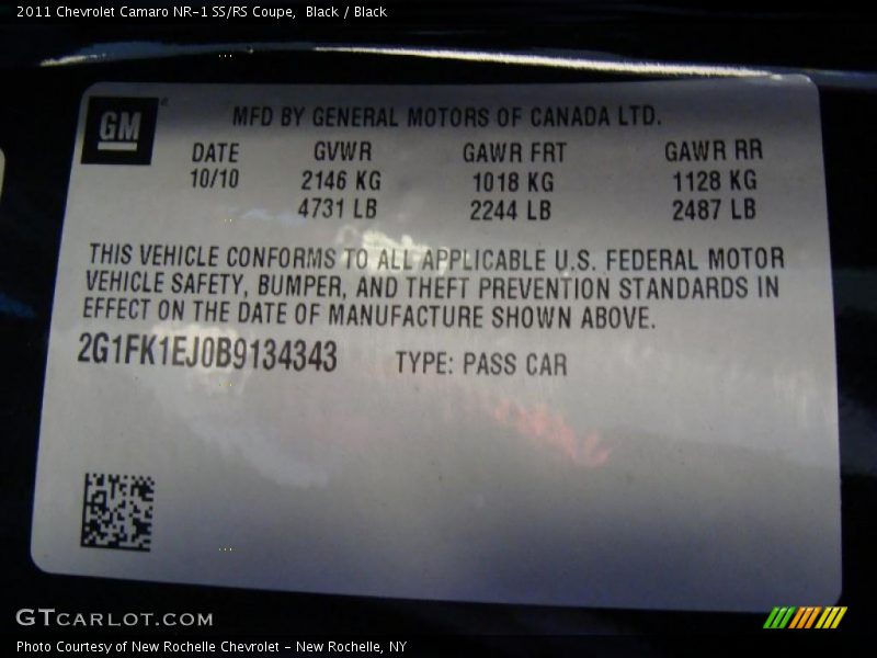 Info Tag of 2011 Camaro NR-1 SS/RS Coupe
