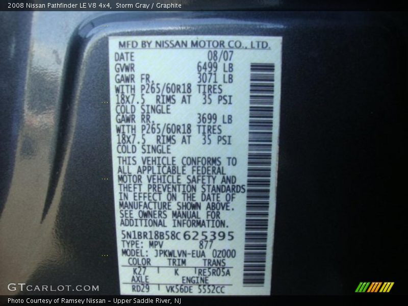Storm Gray / Graphite 2008 Nissan Pathfinder LE V8 4x4