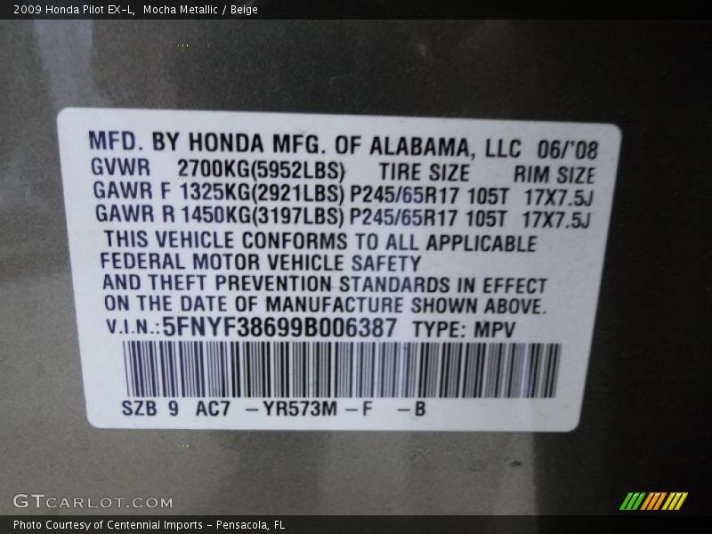 2009 Pilot EX-L Mocha Metallic Color Code YR573M