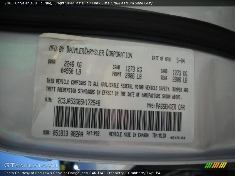 Bright Silver Metallic / Dark Slate Gray/Medium Slate Gray 2005 Chrysler 300 Touring