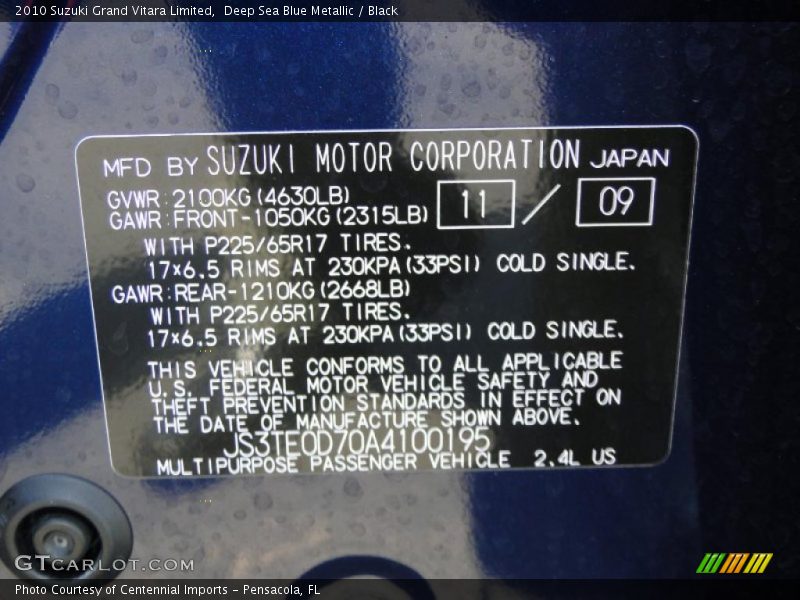 Deep Sea Blue Metallic / Black 2010 Suzuki Grand Vitara Limited