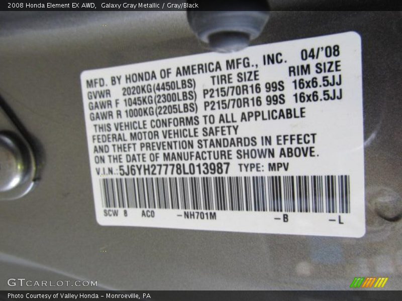 2008 Element EX AWD Galaxy Gray Metallic Color Code NH701M
