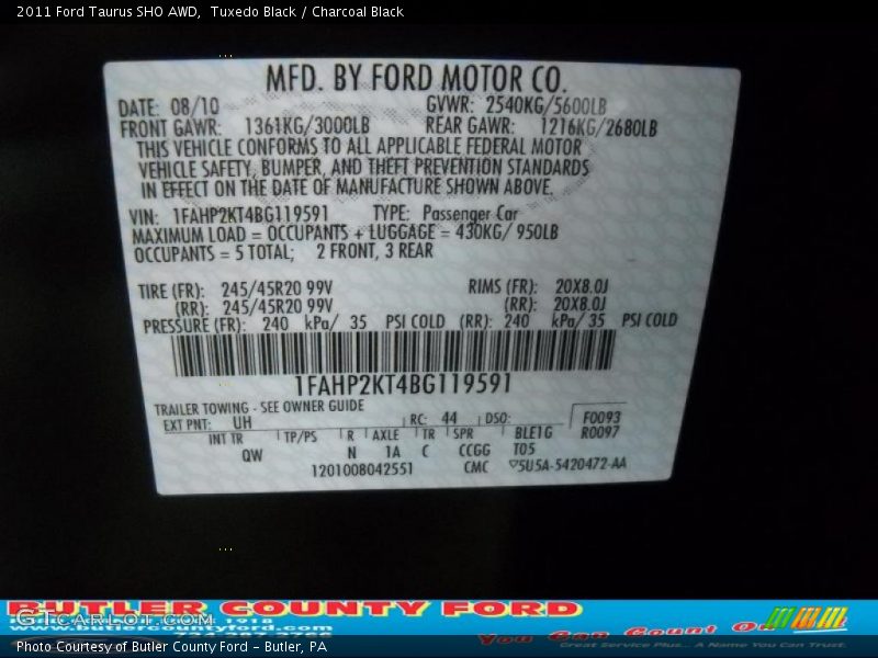 Tuxedo Black / Charcoal Black 2011 Ford Taurus SHO AWD