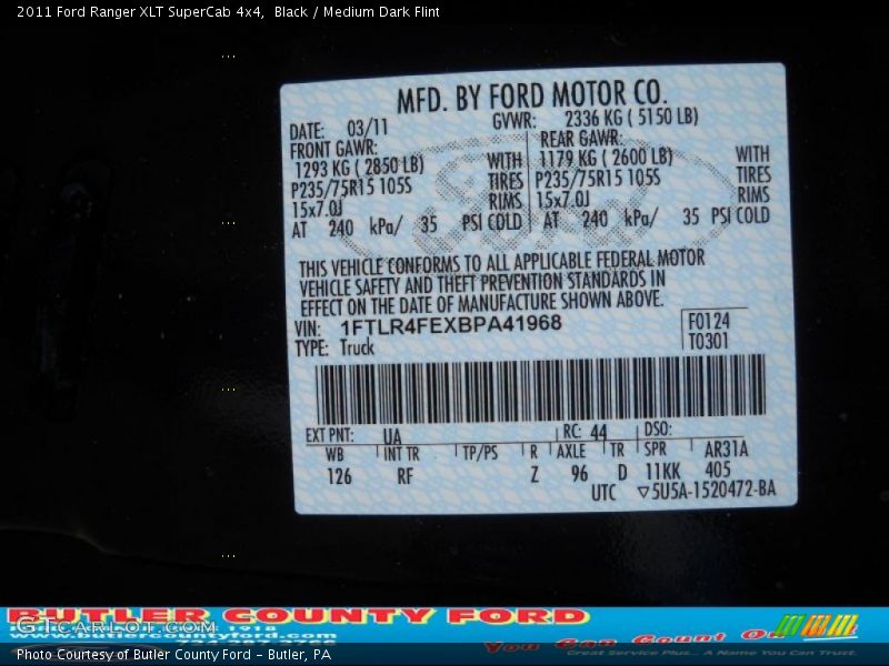 Black / Medium Dark Flint 2011 Ford Ranger XLT SuperCab 4x4