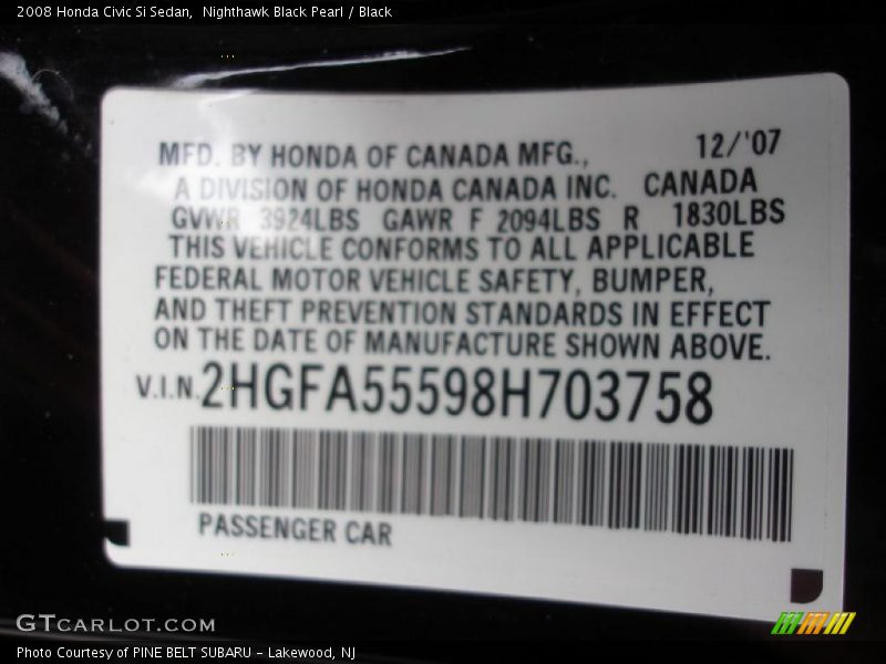 Nighthawk Black Pearl / Black 2008 Honda Civic Si Sedan