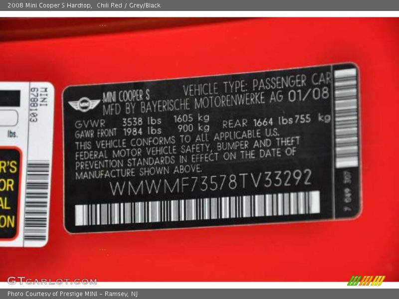 Chili Red / Grey/Black 2008 Mini Cooper S Hardtop