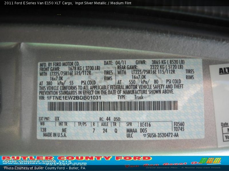 Ingot Silver Metallic / Medium Flint 2011 Ford E Series Van E150 XLT Cargo