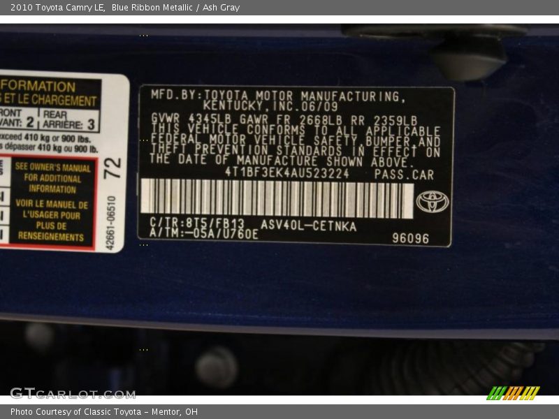 Blue Ribbon Metallic / Ash Gray 2010 Toyota Camry LE