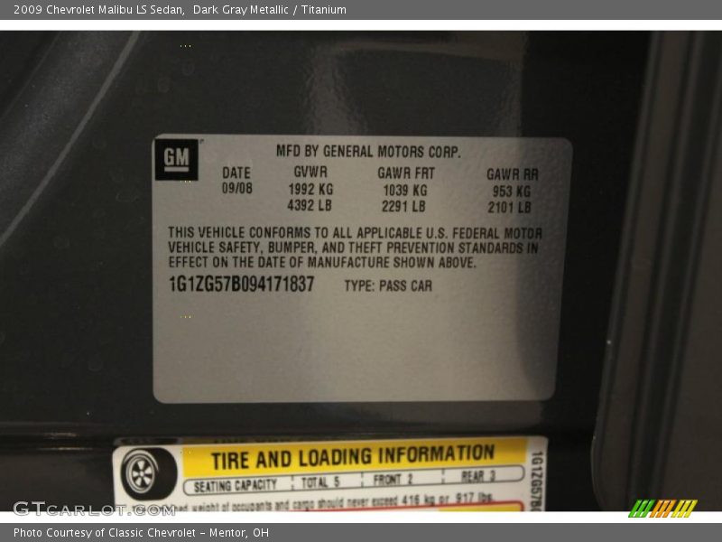 Dark Gray Metallic / Titanium 2009 Chevrolet Malibu LS Sedan