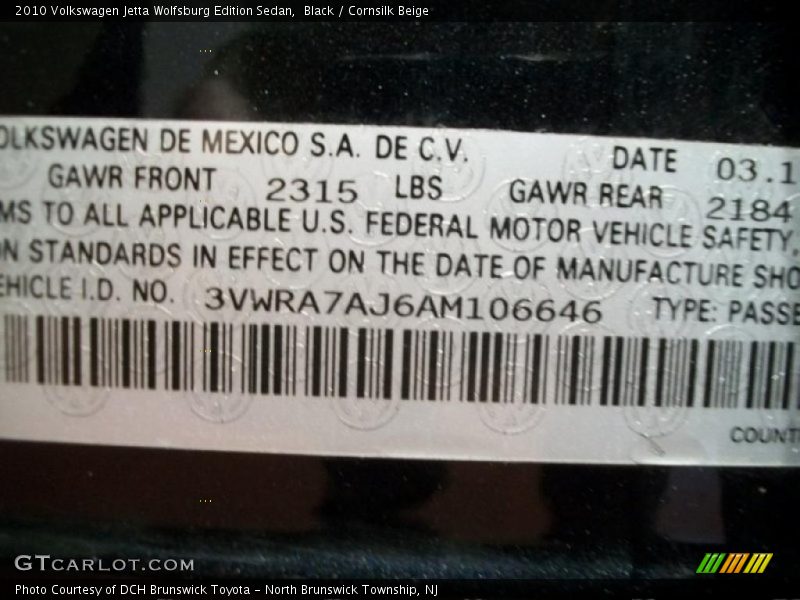 Black / Cornsilk Beige 2010 Volkswagen Jetta Wolfsburg Edition Sedan
