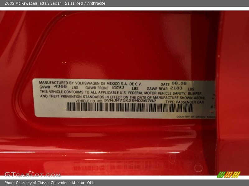 Info Tag of 2009 Jetta S Sedan