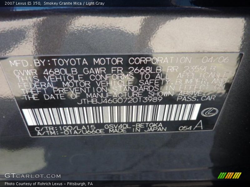Smokey Granite Mica / Light Gray 2007 Lexus ES 350