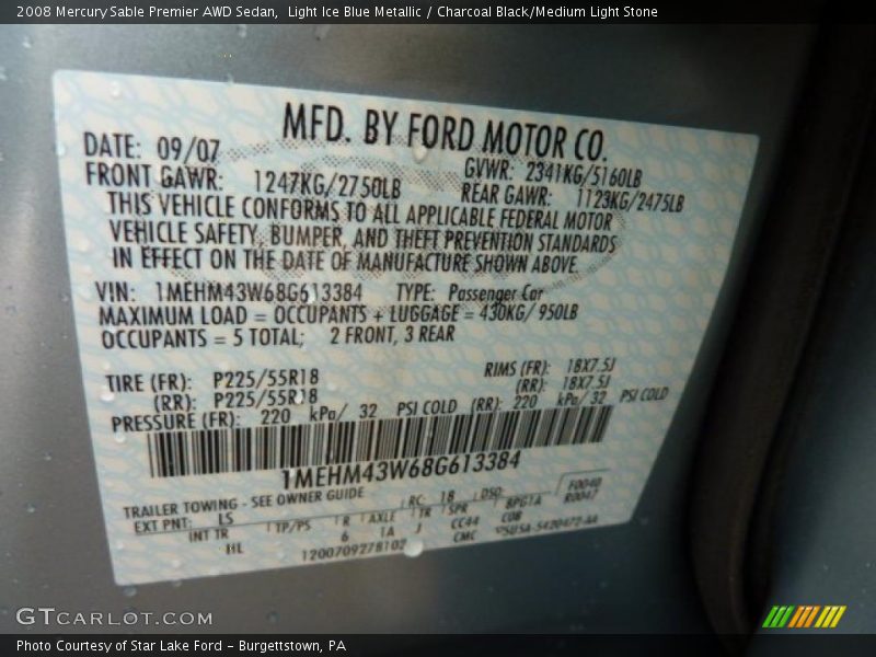 Light Ice Blue Metallic / Charcoal Black/Medium Light Stone 2008 Mercury Sable Premier AWD Sedan