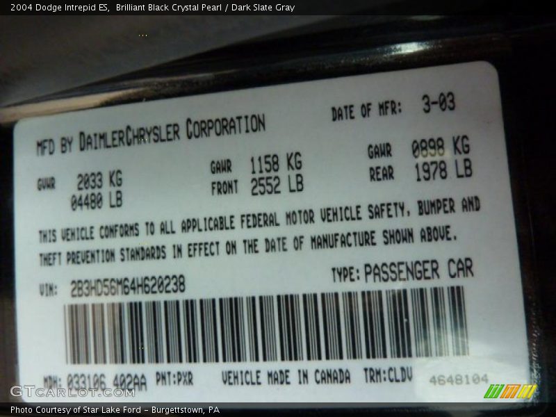 Brilliant Black Crystal Pearl / Dark Slate Gray 2004 Dodge Intrepid ES