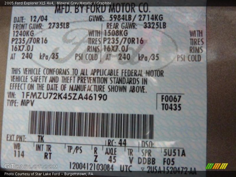 2005 Explorer XLS 4x4 Mineral Grey Metallic Color Code TK