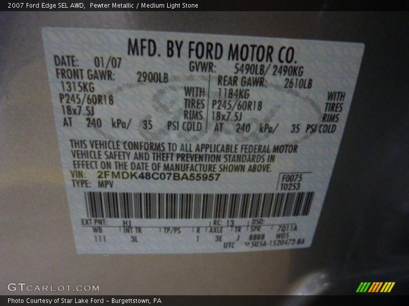 Pewter Metallic / Medium Light Stone 2007 Ford Edge SEL AWD