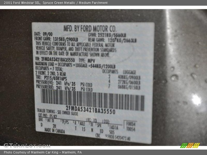 2001 Windstar SEL Spruce Green Metallic Color Code FS