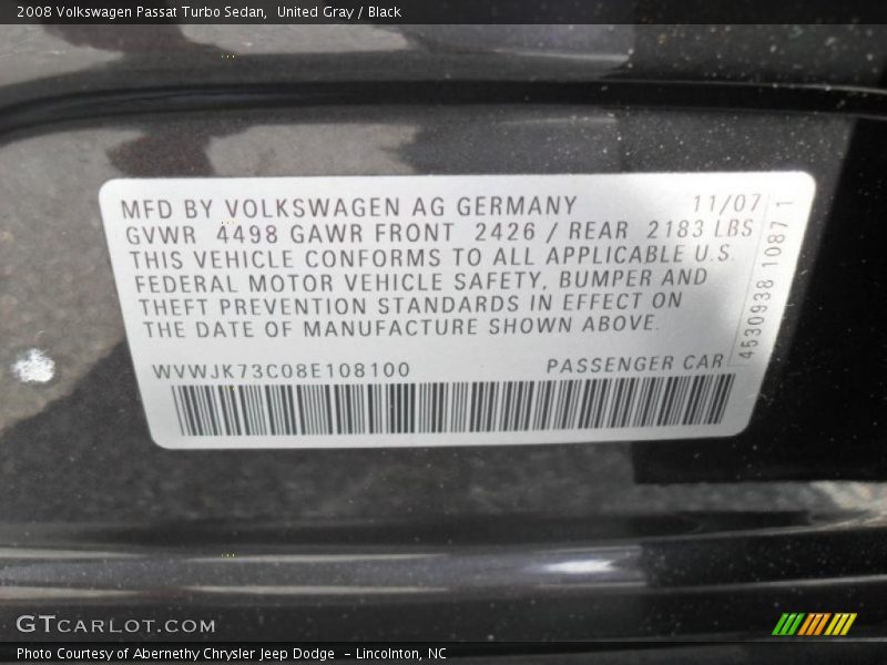 United Gray / Black 2008 Volkswagen Passat Turbo Sedan