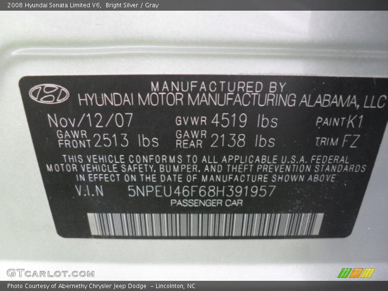 Bright Silver / Gray 2008 Hyundai Sonata Limited V6