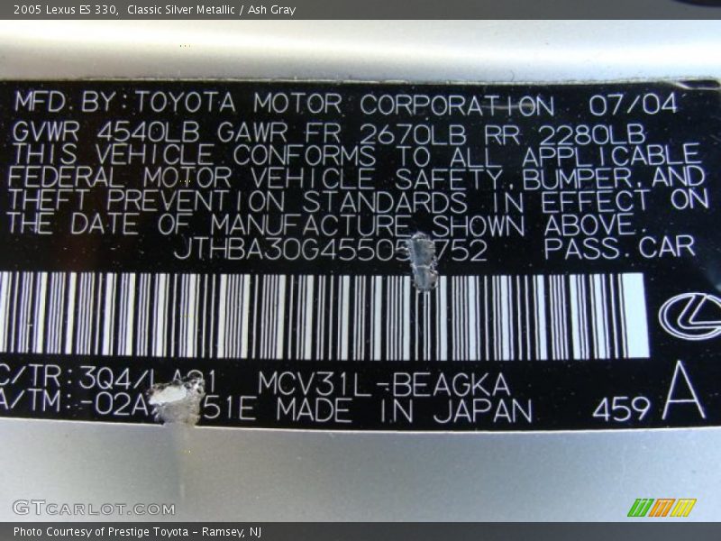 Classic Silver Metallic / Ash Gray 2005 Lexus ES 330
